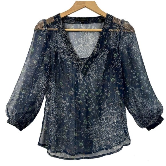 Lucca Couture Top Sheer Flowy Blouse Blue Floral Pattern 3/4 Sleeves Size Small - Picture 1 of 11